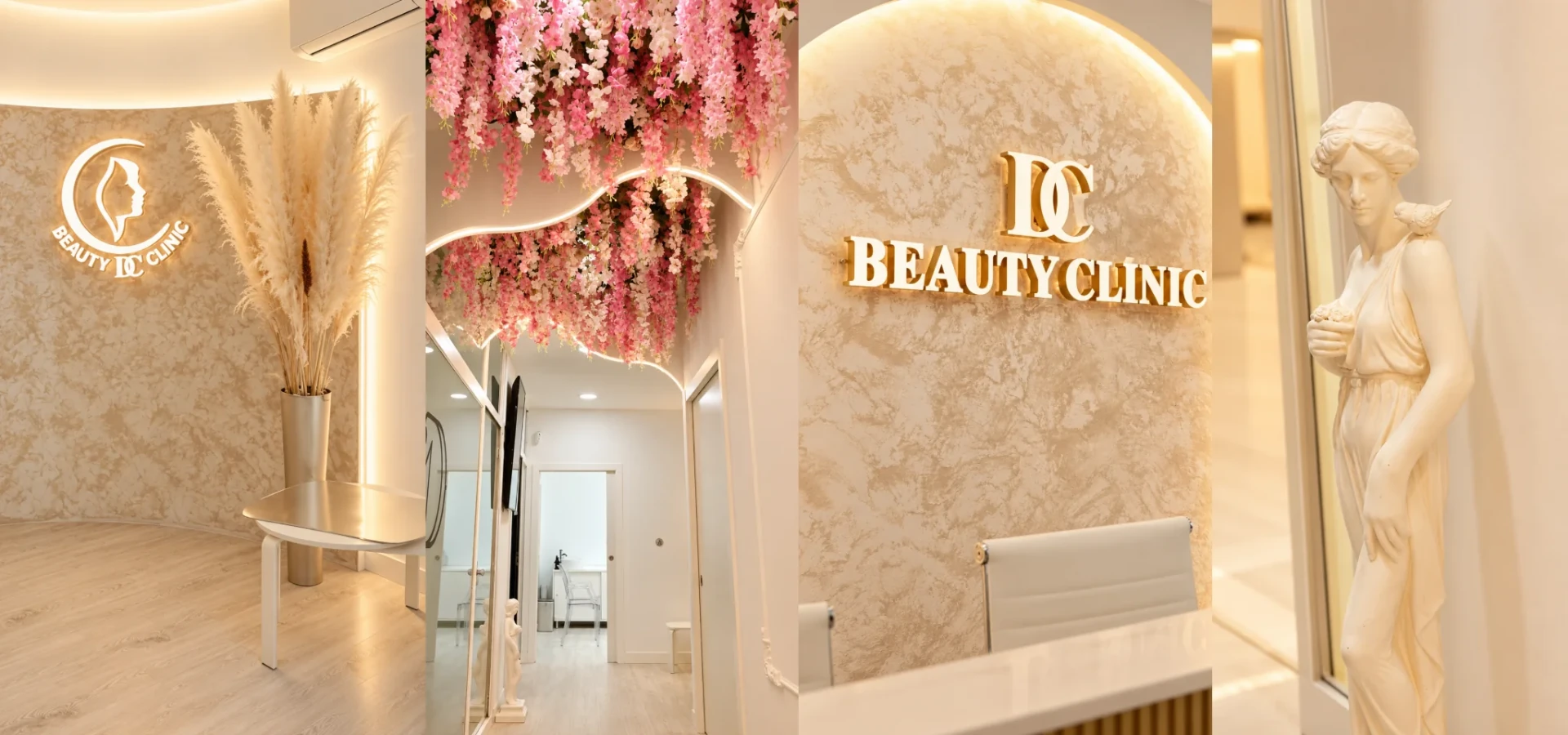 Espacios interiores de DC Beauty Clinics en Madrid, incluyendo recepción, pasillo floral y detalles decorativos de la clínica.