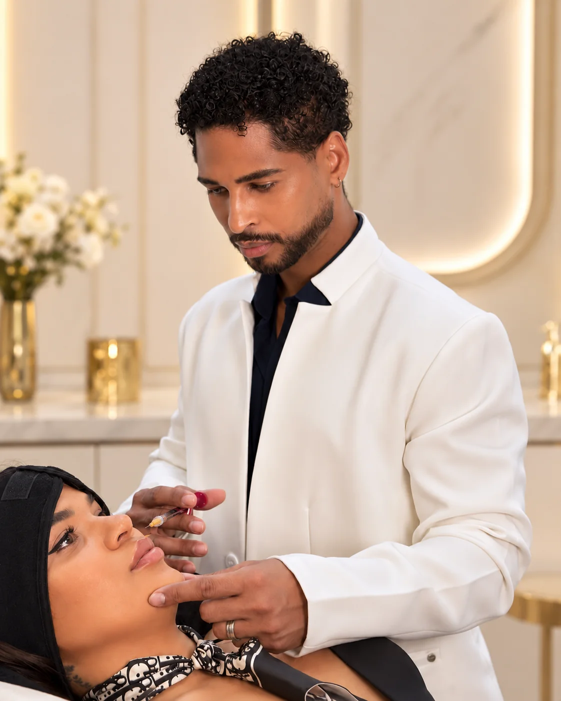 Dr. Del Castillo, médico estético y director de DC Beauty Clinics, realizando un tratamiento facial a una paciente en su clínica de medicina estética en Madrid